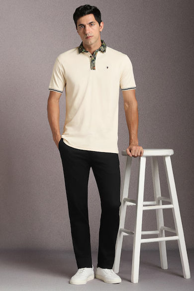 Men Beige Solid Polo Neck T-shirt