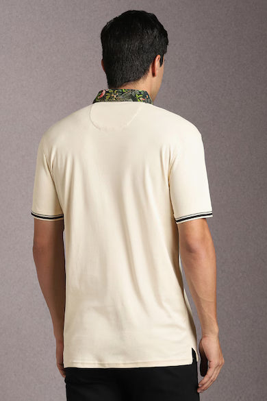 Men Beige Solid Polo Neck T-shirt
