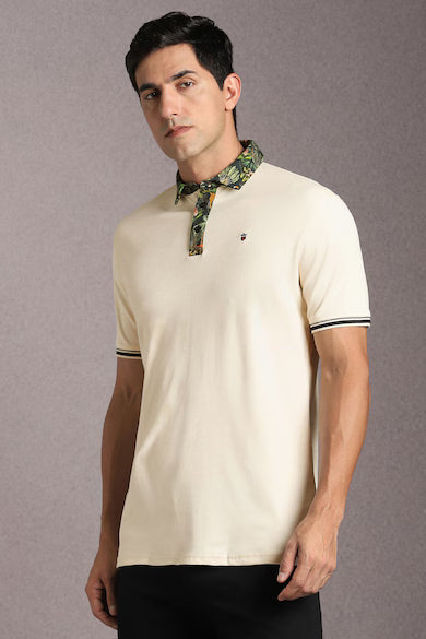 Men Beige Solid Polo Neck T-shirt